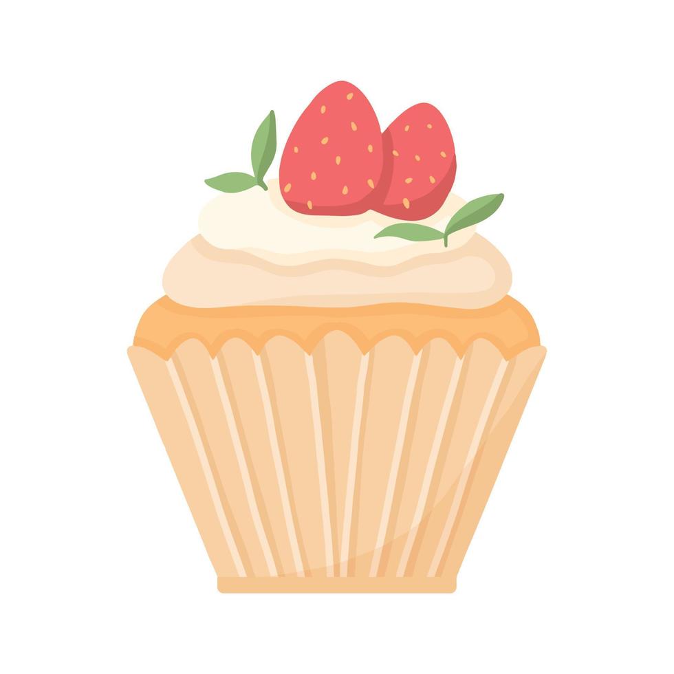 délicieux beau petit gâteau à la crème et aux fraises. muffin à la chantilly. dessert appétissant pour les anniversaires, mariages et autres fêtes. logo pour les boulangeries. illustration vectorielle. vecteur