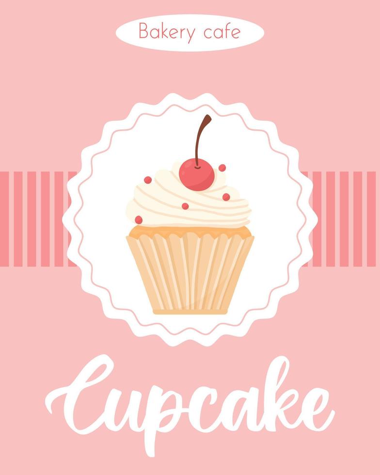 affiche avec délicieux beau cupcake à la crème et à la cerise. flyer avec muffin à la crème fouettée. bannière pour confiseries et boulangeries. illustration vectorielle. vecteur