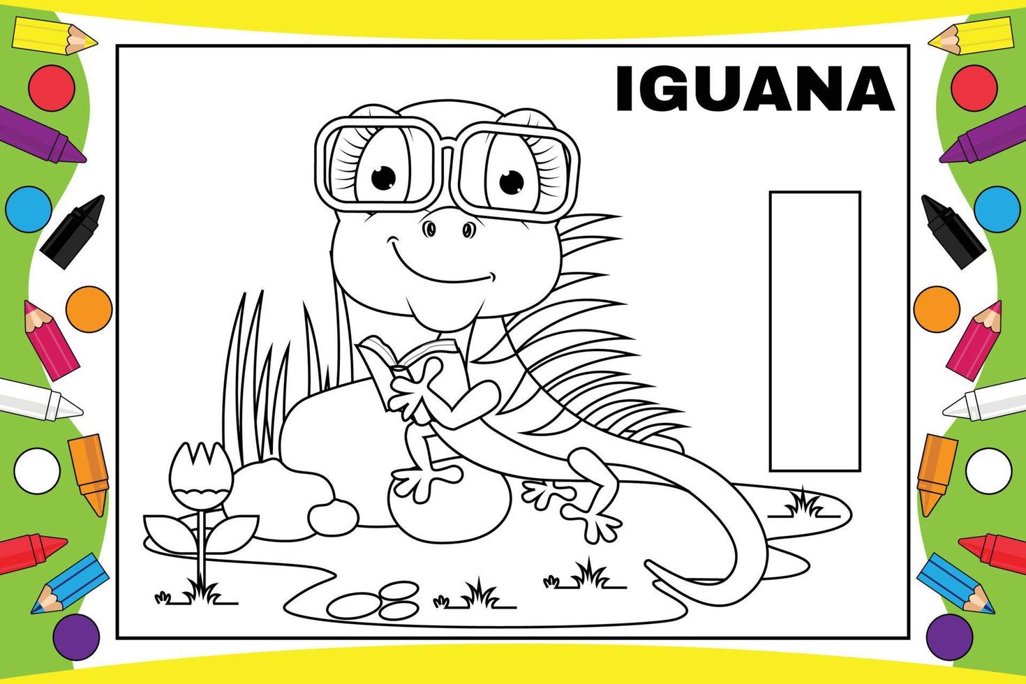 dessin animé iguane à colorier avec alphabet pour enfants vecteur
