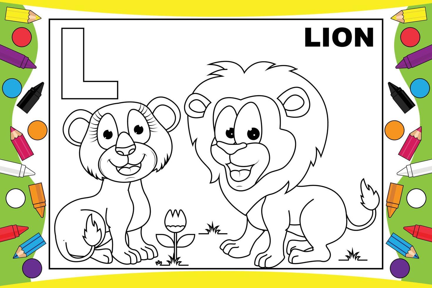 caricature de lion à colorier avec alphabet pour enfants vecteur