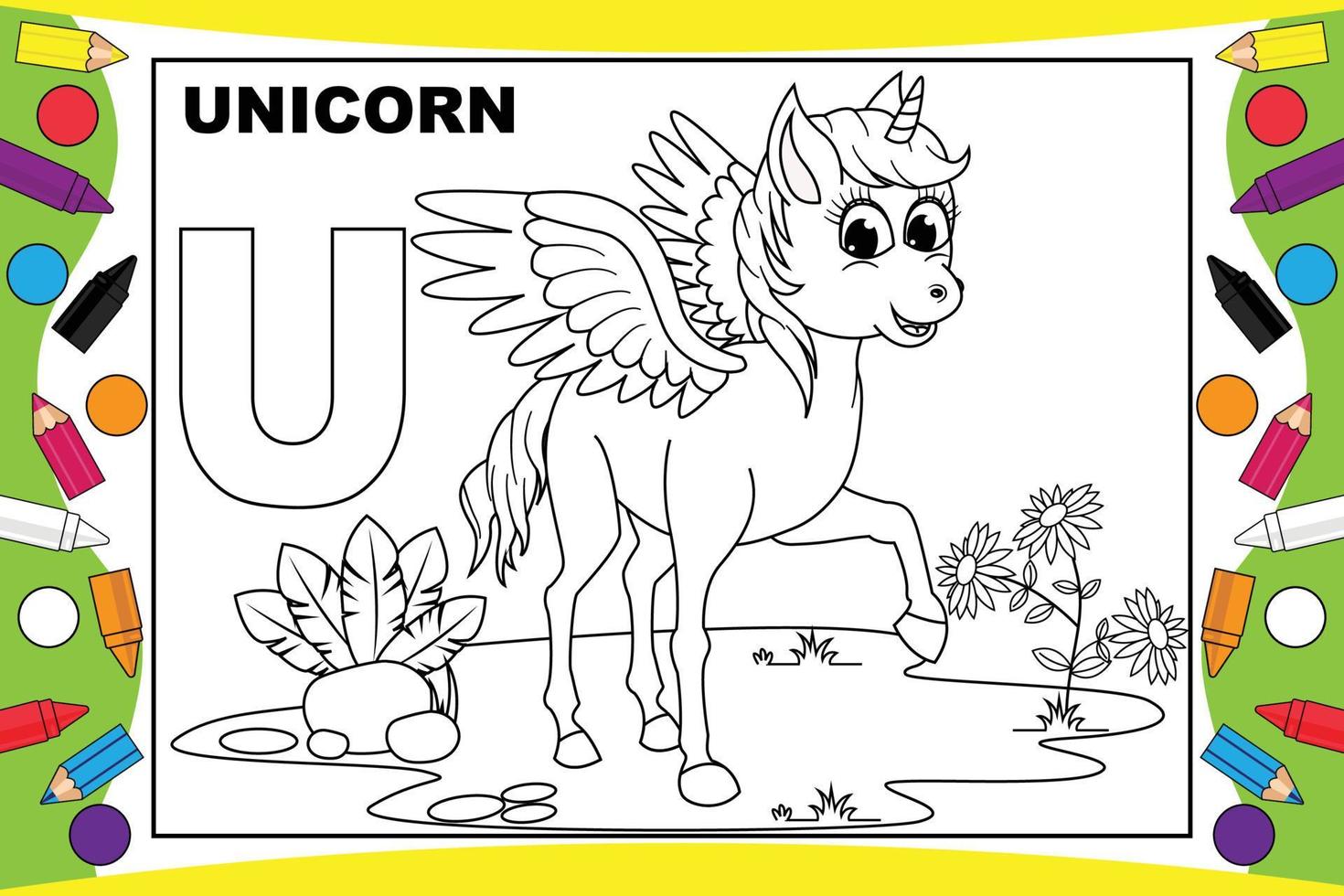 dessin animé licorne à colorier avec alphabet pour enfants vecteur