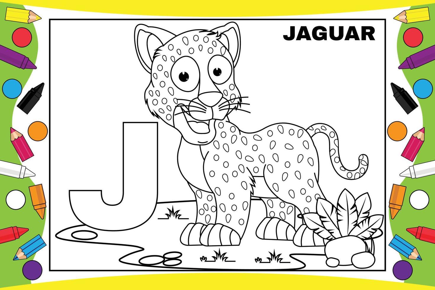 dessin animé jaguar à colorier avec alphabet pour enfants vecteur