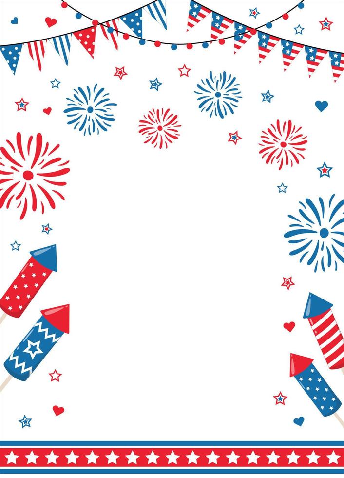 Cadre de bordure du 4 juillet avec feux d'artifice et étincelles rouges, bleus, isolés sur fond blanc. conception pour les invitations ou les affiches de la fête de l'indépendance américaine. vecteur