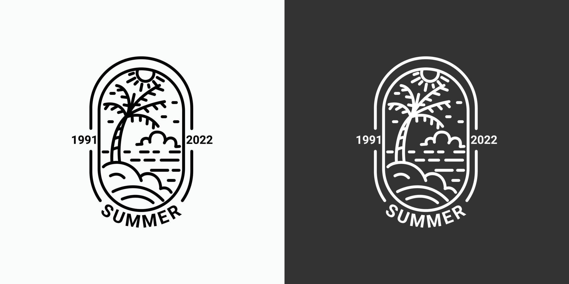 logo d'été simple avec des lignes, icône de plage dans un style linéaire minimal, disponible en noir et blanc, cocotier, mer, soleil vecteur