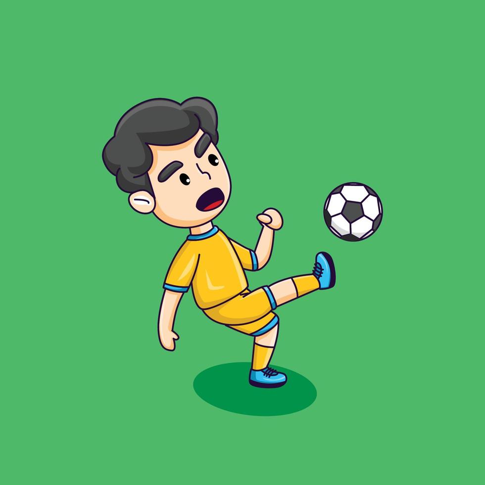 garçon mignon jouant au football, garçon heureux frappant le ballon, illustration de vecteur de dessin animé