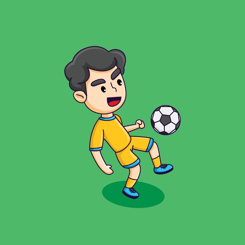 garçon mignon jouant au football, garçon heureux frappant le ballon, illustration de vecteur de dessin animé