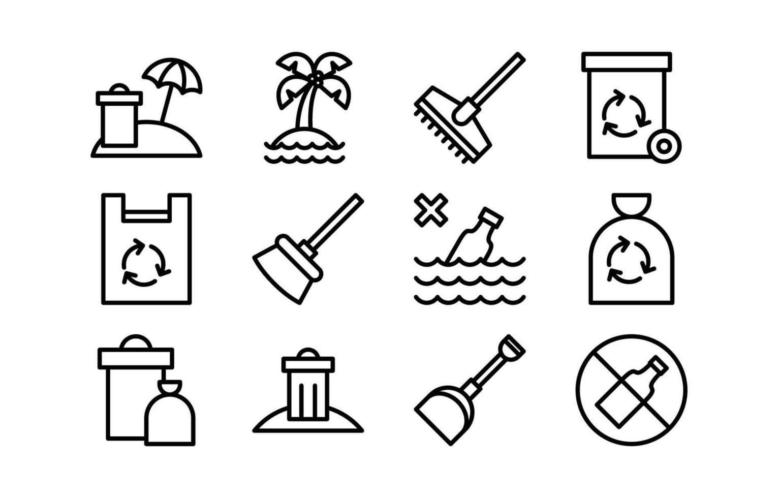 collection d'icônes de contour de nettoyage de plage vecteur