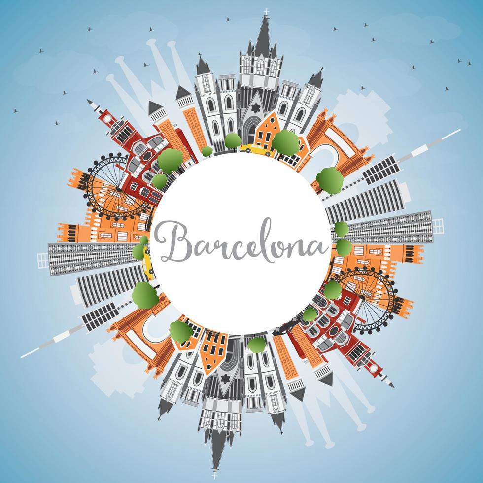 horizon de barcelone avec bâtiments de couleur, ciel bleu et espace de copie. vecteur