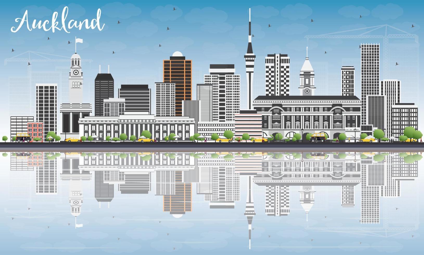 skyline d'auckland avec des bâtiments gris, un ciel bleu et des reflets. vecteur