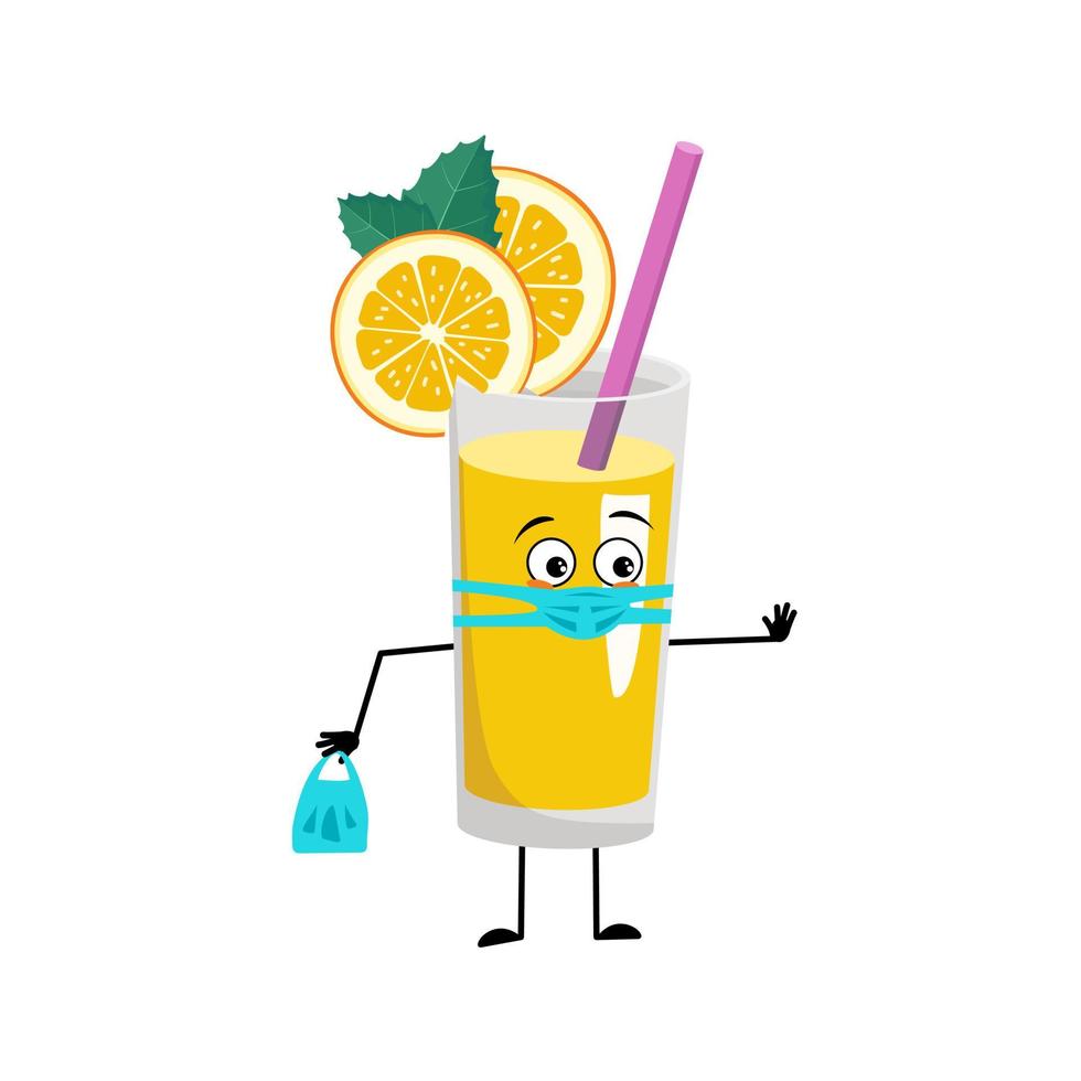 smoothie orange avec caractère de fruits et de paille dans un masque médical et garder la distance, mains avec sac à provisions et geste d'arrêt. boisson saine dans l'expression et la pose de soins en verre. illustration vectorielle plate vecteur