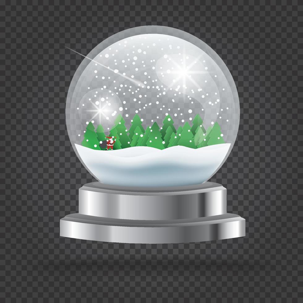 boule de cristal de noël transparente avec le père noël et l'arbre. vecteur