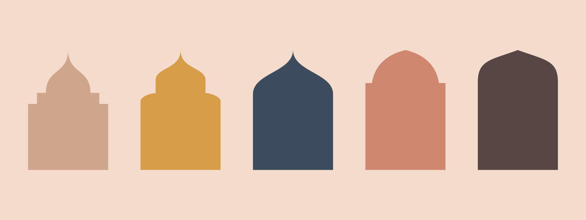 collection de fenêtres et d'arches islamiques de ramadan kareem de style oriental avec un design de style moderne, une mosquée de porte, un dôme de mosquée et des lanternes. illustration de ramadan. vecteur