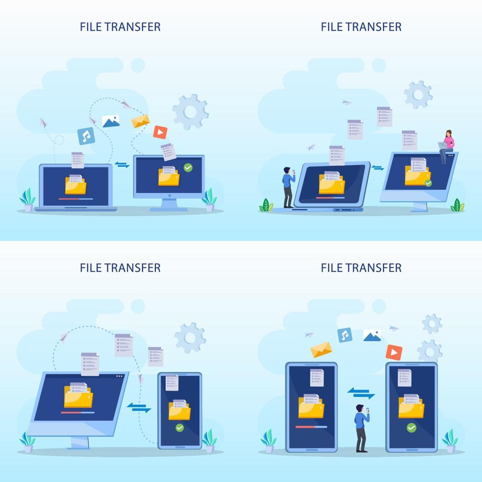 concept de transfert de fichiers, données de sauvegarde, cloud technologique, téléchargement et téléchargement, modèle vectoriel plat