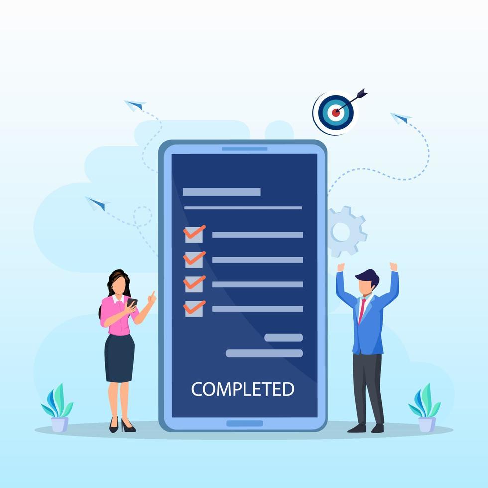 concept de vecteur complet. l'équipe commerciale applaudit avec la coche de la tâche terminée