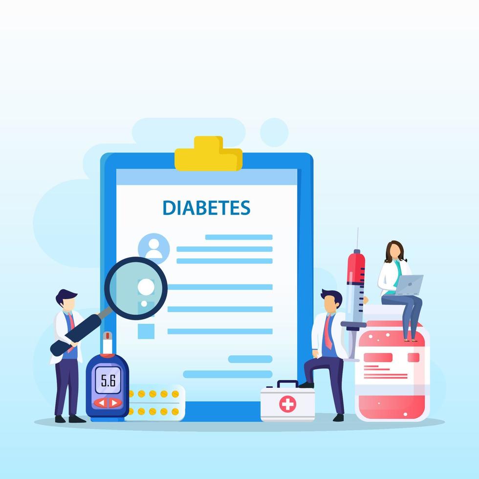 concept de diabète de médecine. le médecin teste le taux de glucose dans le sang, prescrit des statines. illustration vectorielle plane. vecteur