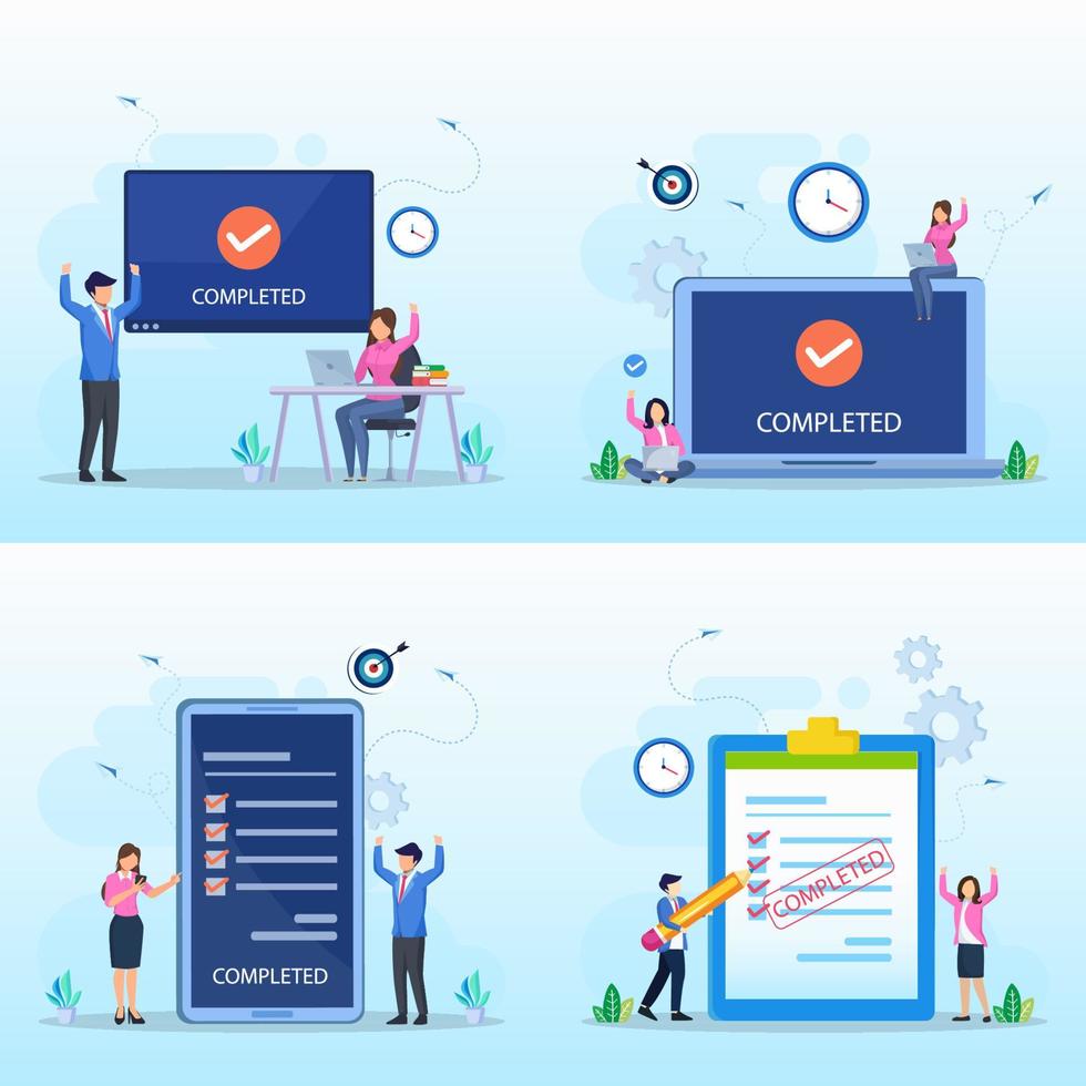 concept de vecteur complet. l'équipe commerciale applaudit avec la coche de la tâche terminée