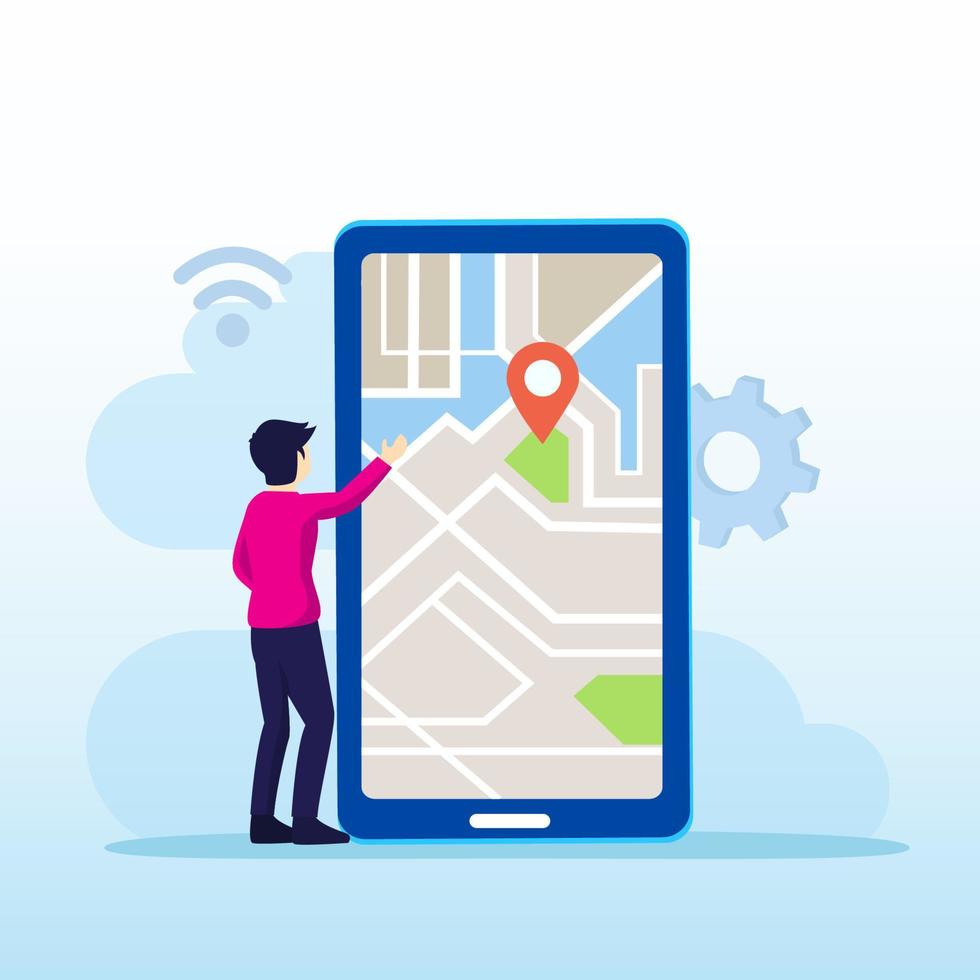 technologie de cartes en ligne, homme avec un smartphone, cartes numériques, navigation et direction, style de modèle vectoriel plat adapté aux pages de destination Web.