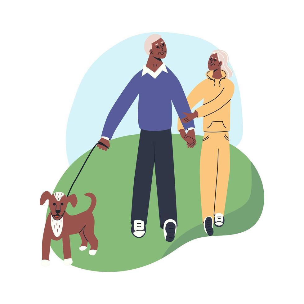 heureux couple de personnes âgées souriant marchant avec un chien au parc. homme âgé et femme parlant passer du temps ensemble en plein air. vecteur