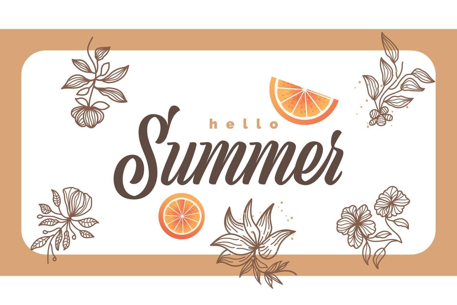 fond d'été minimaliste avec illustration de fleurs et d'oranges. fond d'heure d'été pour la conception de bannières ou d'affiches vecteur