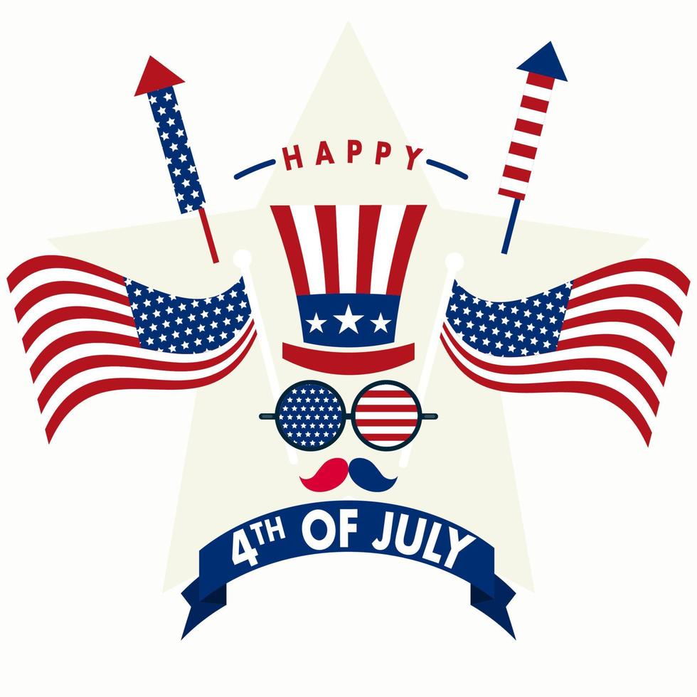 joyeux 4 juillet, jour de l'indépendance usa, vacances en amérique, drapeau américain feu d'artifice oncle sam chapeau illustration vectorielle vecteur