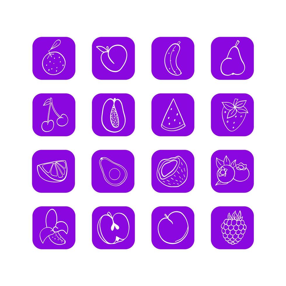 ensemble vectoriel d'icônes de fruits. orange, pêche, banane, poire, cerise, pastèque, fraise, papaye, noix de coco, avocat, myrtille, pomme, framboise