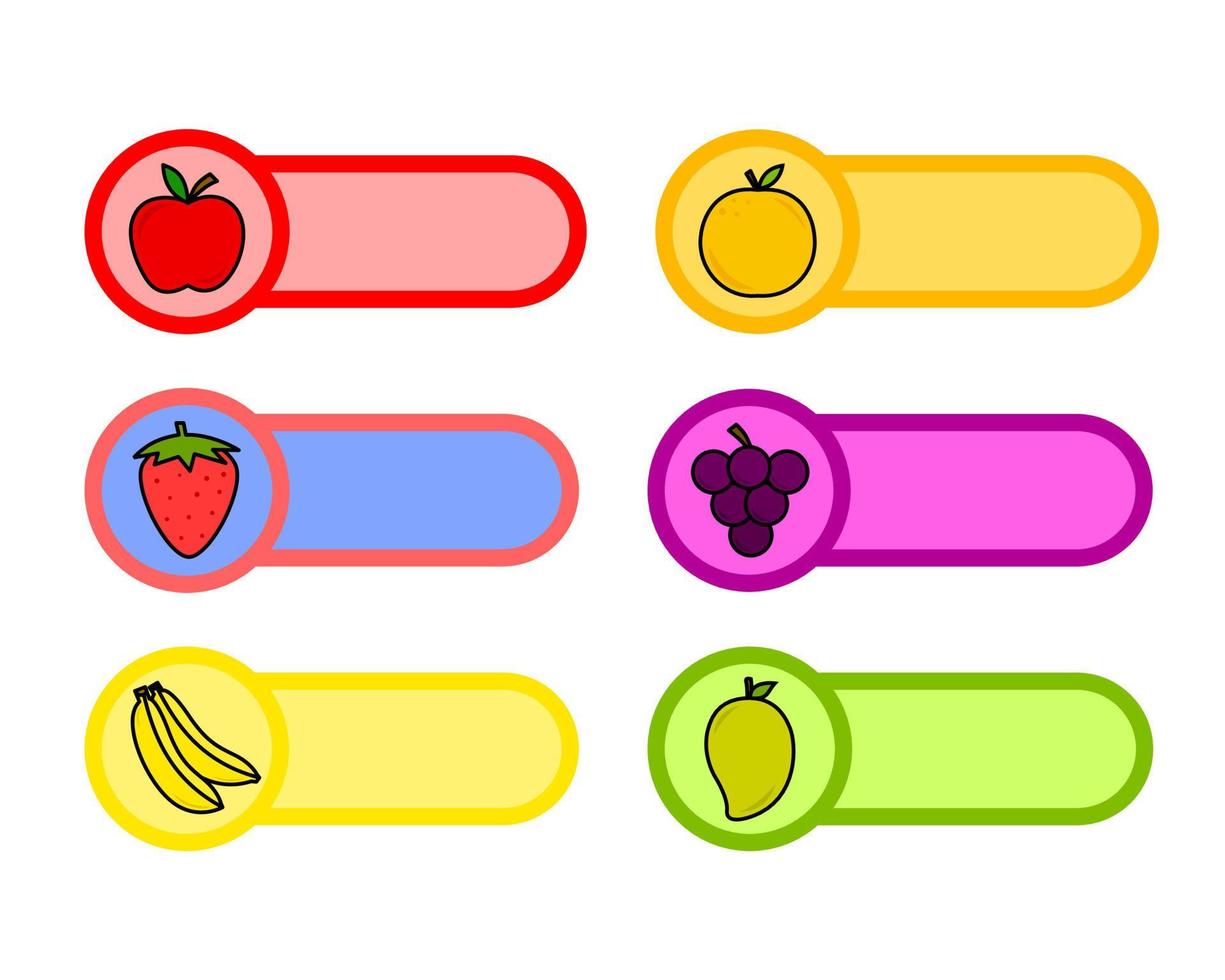 conception de vecteur d'étiquette de nom de fruit. notez le nom et l'adresse, l'étiquette, l'autocollant les étiquettes de l'école les étiquettes nominatives, les autocollants, les cahiers