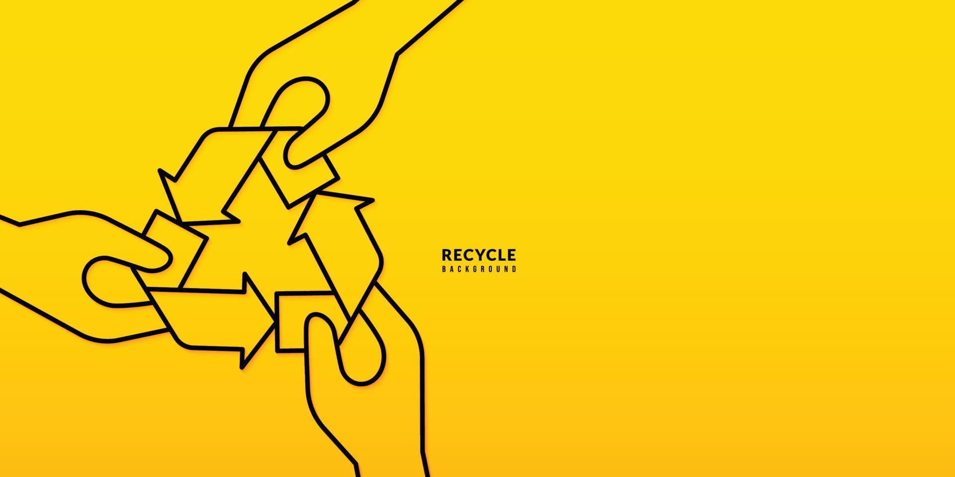 main tenant la conception de ligne mince de symbole de recyclage sur fond jaune, sauver la planète et le concept d'énergie vecteur