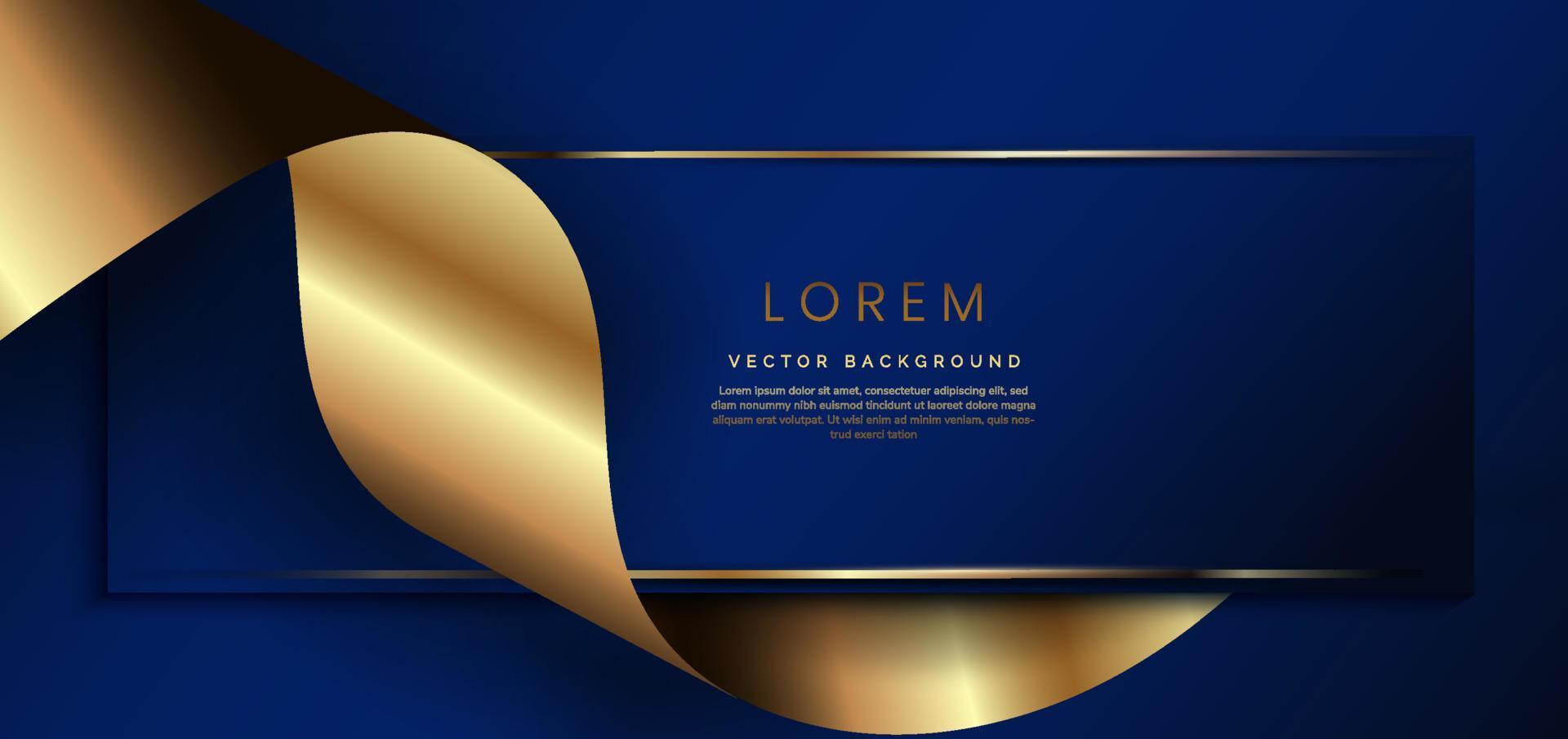 arrière-plan abstrait 3d bleu foncé avec des lignes dorées en ruban incurvées scintillantes ondulées avec espace de copie pour le texte. conception de modèle de cadre rectangle de luxe. vecteur