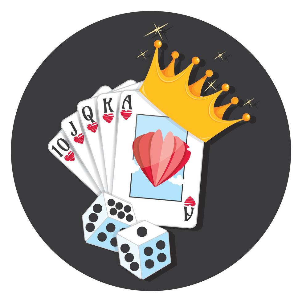 cartes à jouer de casino de vecteur ou quinte flush royale avec des dés