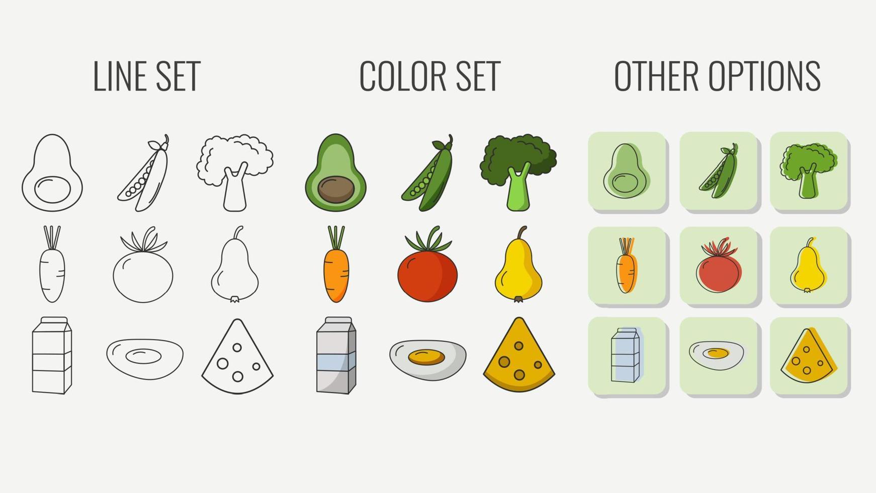 icônes linéaires d'aliments sains dans différents styles. définir des icônes de couleur, jeu de lignes. vecteur