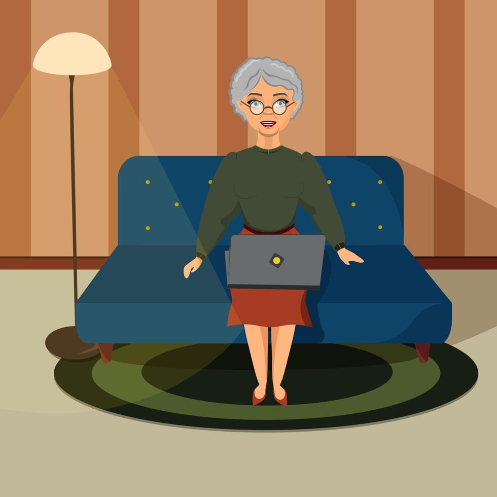 une grand-mère heureuse avec un ordinateur portable.illustration vectorielle d'un dessin animé. la vieille femme est assise sur le canapé et étudie l'ordinateur.la vieille femme prograsive utilise l'ordinateur. illustration pour sites Web, école numérique. vecteur