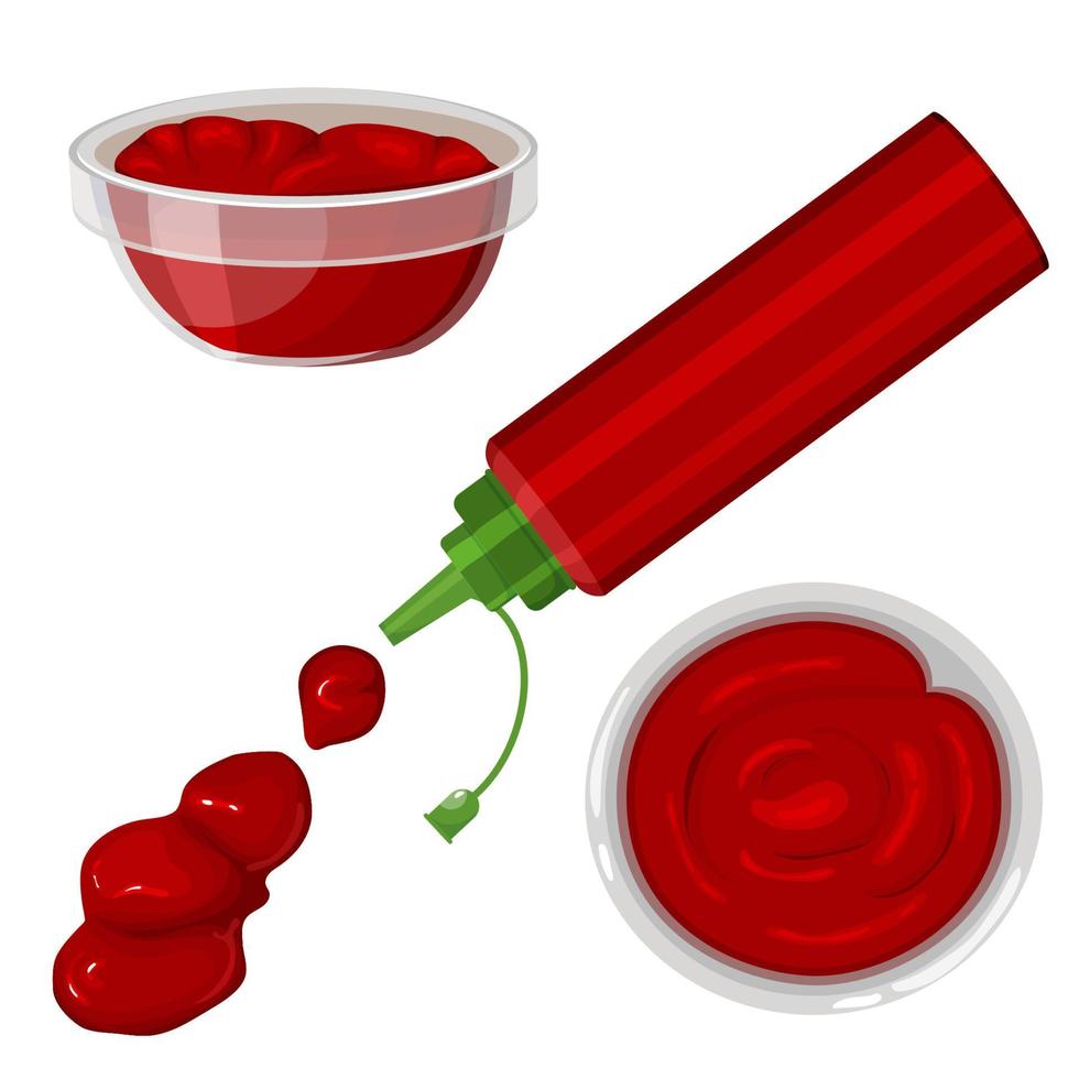 vecteur sertie d'une éclaboussure de dessin animé de ketchup isolé sur fond blanc. ketchup en bouteilles, dans des bols avec vue d'en haut et de face. illustration vectorielle pour l'application, les jeux et le menu.