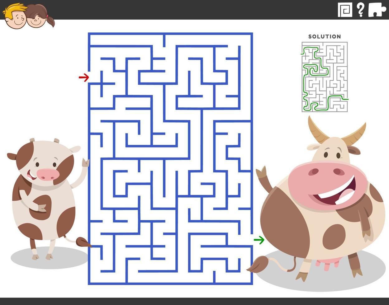 jeu de labyrinthe avec dessin animé mère vache et petit veau vecteur