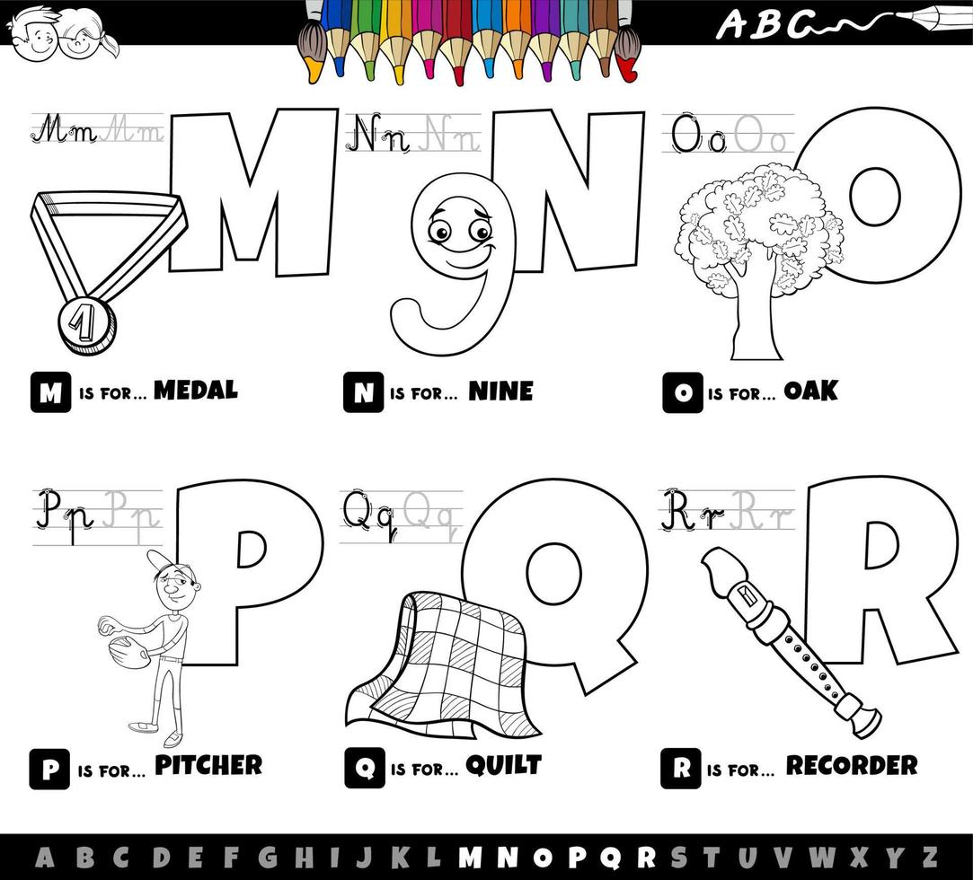 jeu de dessin animé de lettres alphabet éducatif de m à r page de livre de coloriage vecteur