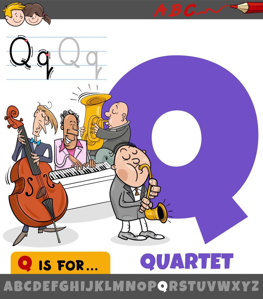lettre q de l'alphabet avec dessin animé de quatuor musical vecteur