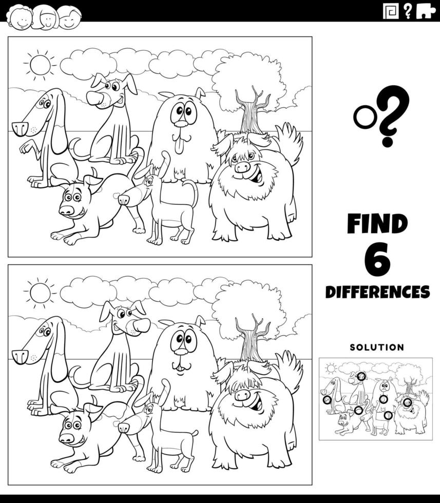 Jeu de différences avec la page de livre de coloriage de chiens de dessin animé vecteur