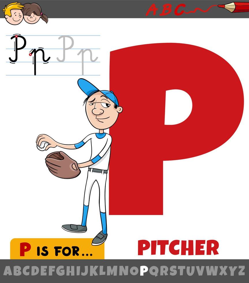 lettre p de l'alphabet avec le joueur de baseball du lanceur de dessin animé vecteur