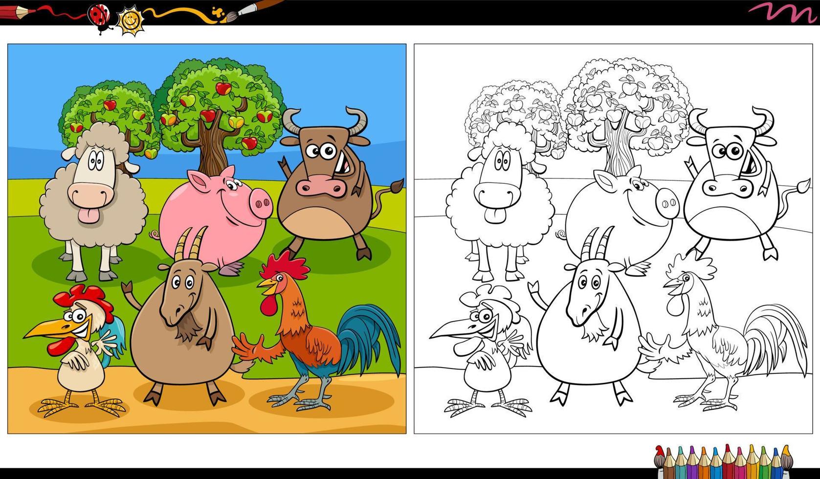 Page de livre de coloriage de groupe de personnages d'animaux de ferme vecteur