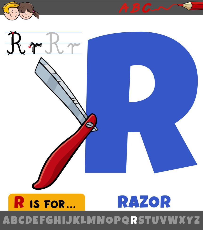 feuille de calcul lettre r avec objet rasoir de dessin animé vecteur