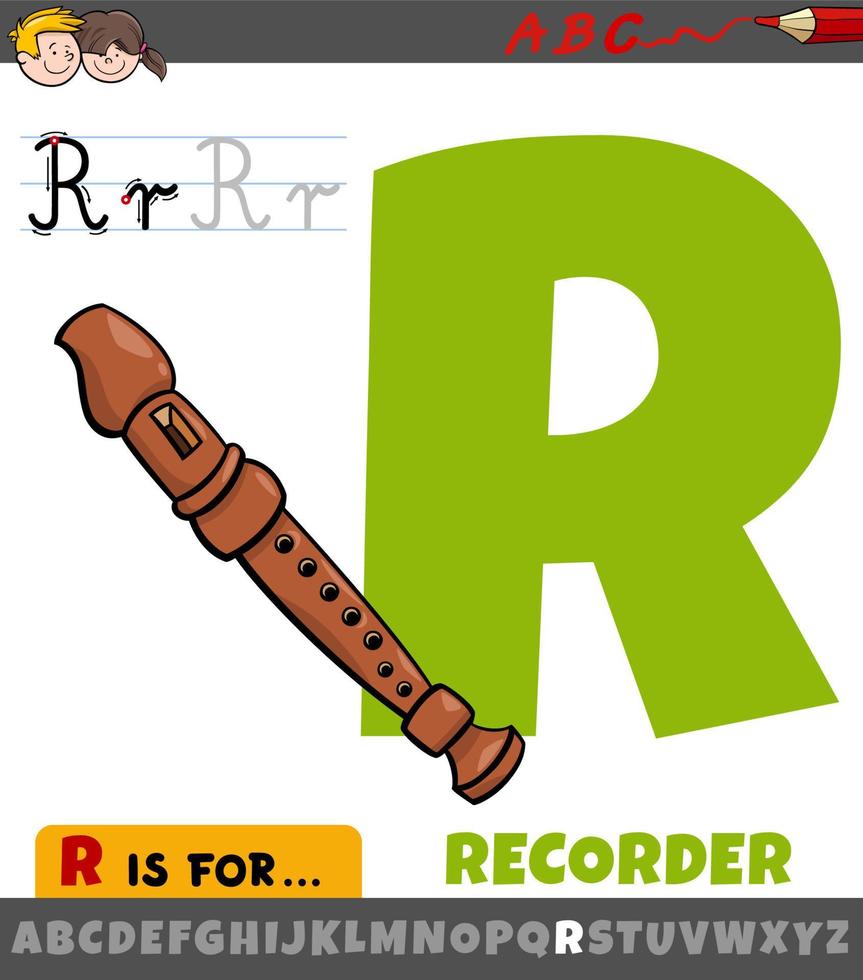 feuille de calcul lettre r avec instrument de musique enregistreur de dessin animé vecteur