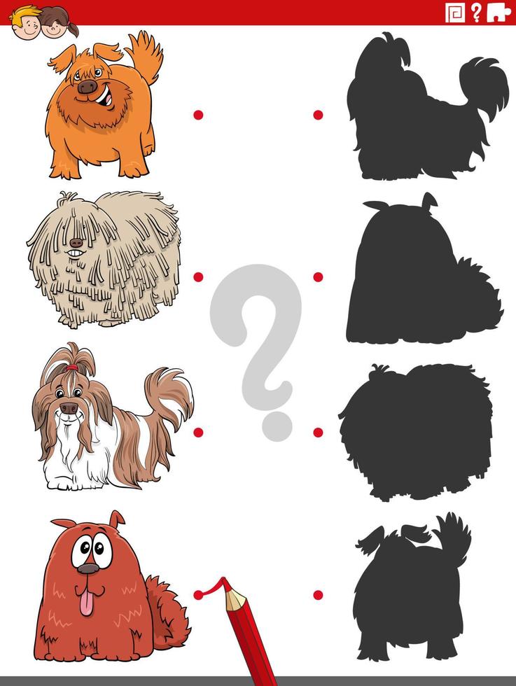 jeu d'ombre éducatif avec des chiens hirsutes de dessin animé vecteur