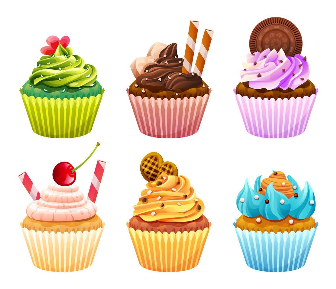 ensemble de diverses illustration de dessin animé de cupcakes sucrés colorés vecteur