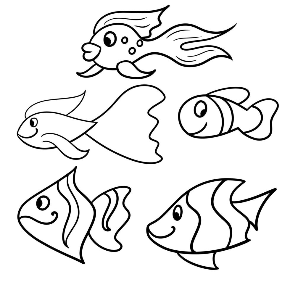 illustration vectorielle monochrome, livre de coloriage. ensemble de poissons heureux de dessin animé d'aquarium et d'océan, poissons exotiques, poissons de dessin animé vecteur