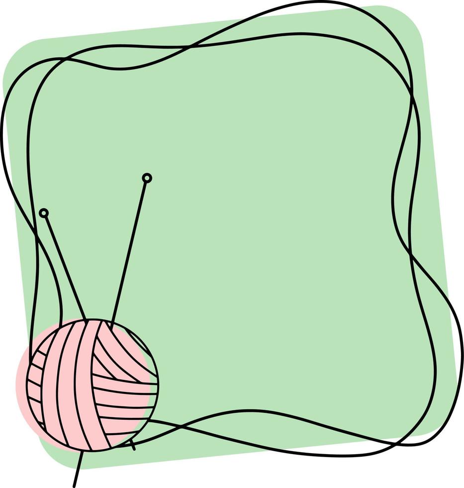 cadre carré vert clair avec un espace vide pour l'insertion, pour la couture, le tricot avec une balle et des aiguilles à tricoter, icône emblème vecteur