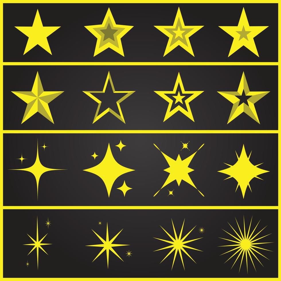 vecteur de symboles étincelants et scintillants en or jaune. l'ensemble d'étoiles vectorielles originales scintillent l'icône. collection de vecteurs d'icônes d'étoiles brillantes.
