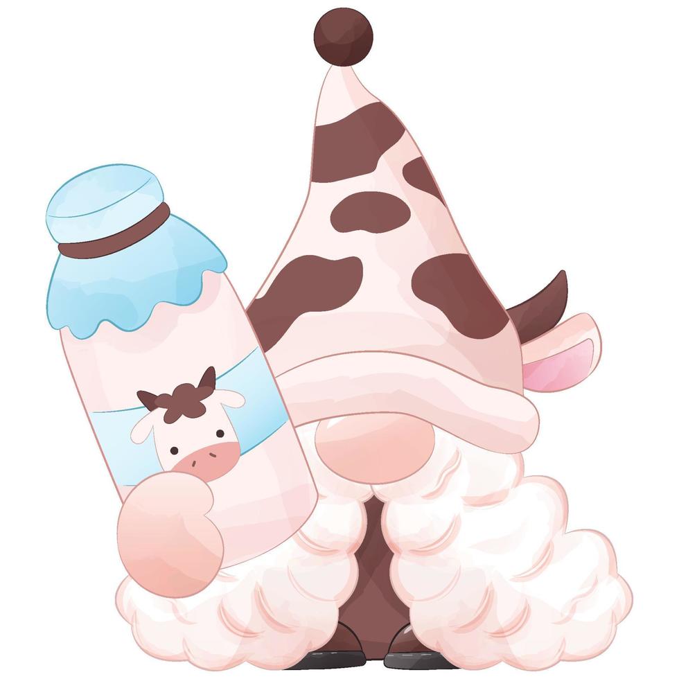 illustration mignonne de gnome de vache et de lait vecteur