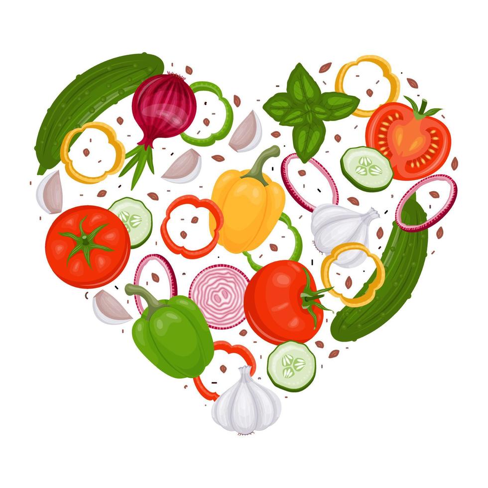 légumes savoureux en forme de coeur. illustration vectorielle de nourriture. isolé sur blanc. vecteur