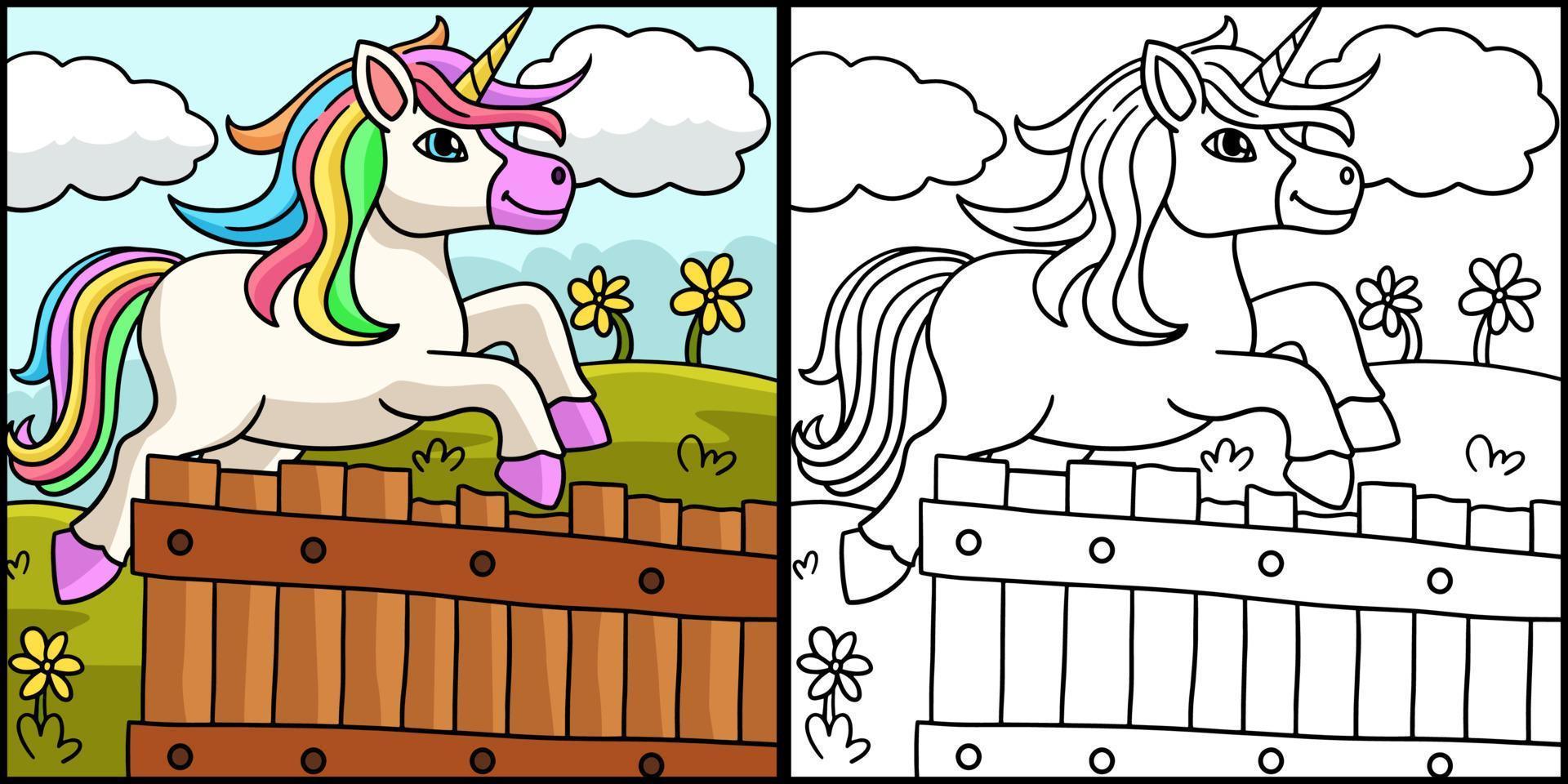 illustration de page de coloriage de licorne sautante vecteur