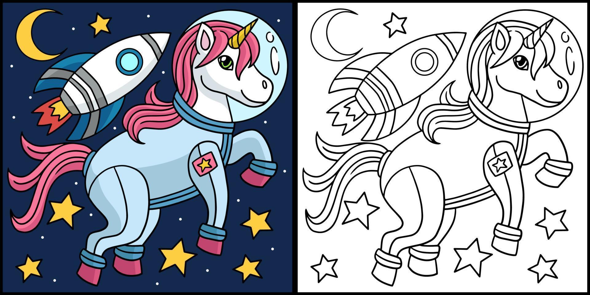 astronaute de licorne dans l'illustration de coloriage de l'espace vecteur