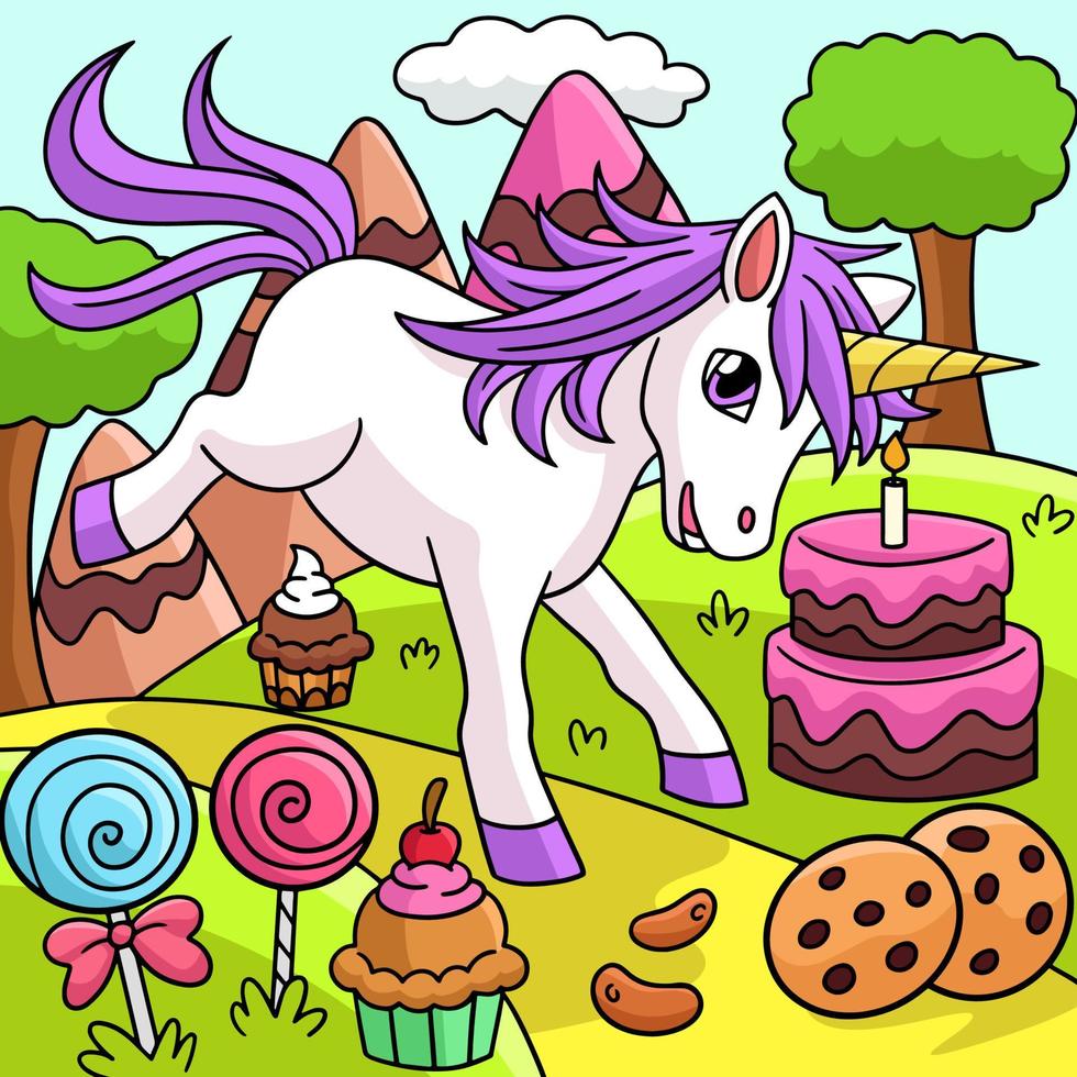 licorne dans l'illustration de dessin animé couleur candy land vecteur